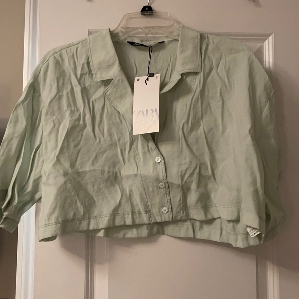 Zara mint cropped button up collared shirt